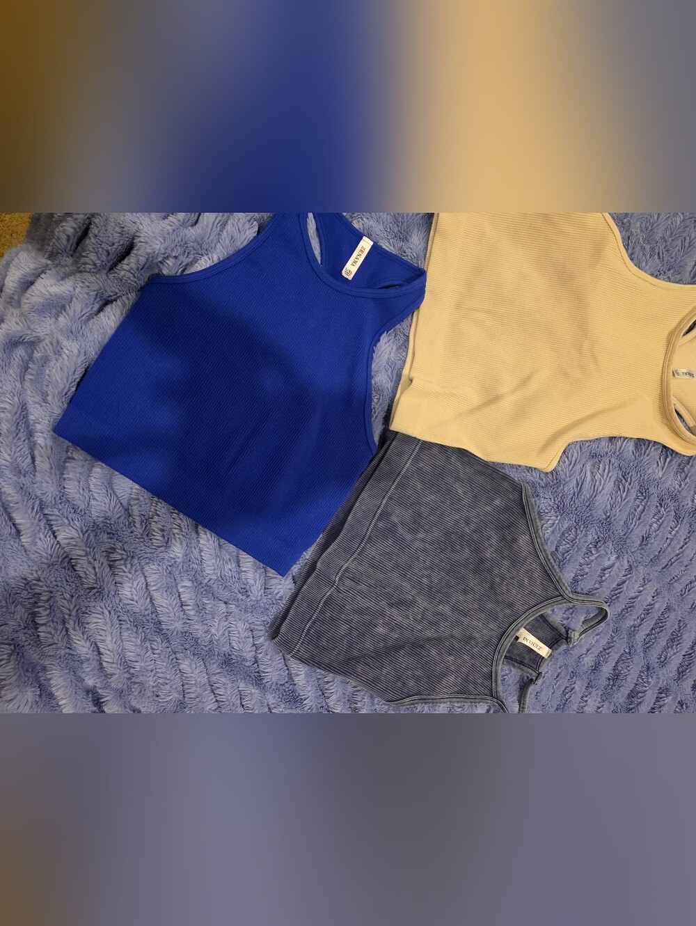 Zenana Outfitters Ribbed Cropped Tank Trio - Royal Blue, Beige, Washed Charcoal
